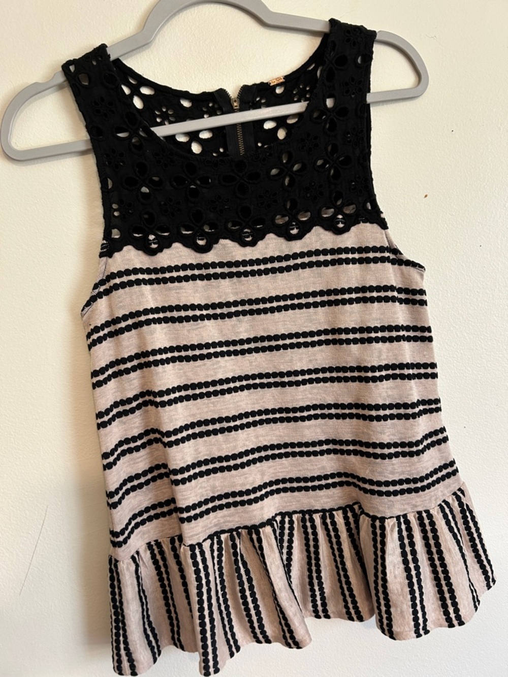 Free People Black Lace Yoke Striped Tank Top - Cream and Black